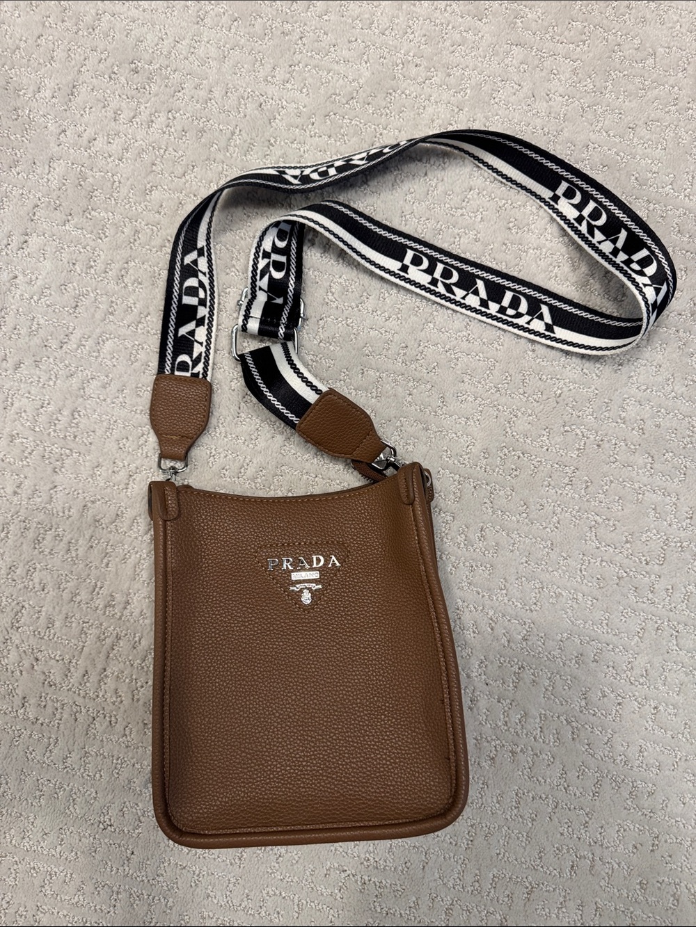Prada Brown Pebbled Leather Messenger with Black & White Logo Strap